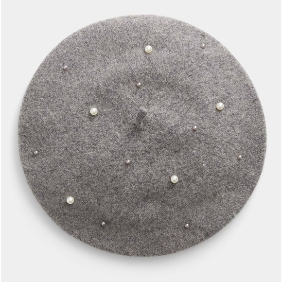Grey wood felt beads embellished beret hat NWT - Picture 1 of 6